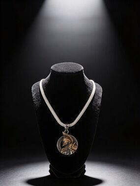 Men's Two-Tone Spartan Helmet Pendant Necklace - Silver Chain with Gold Accents